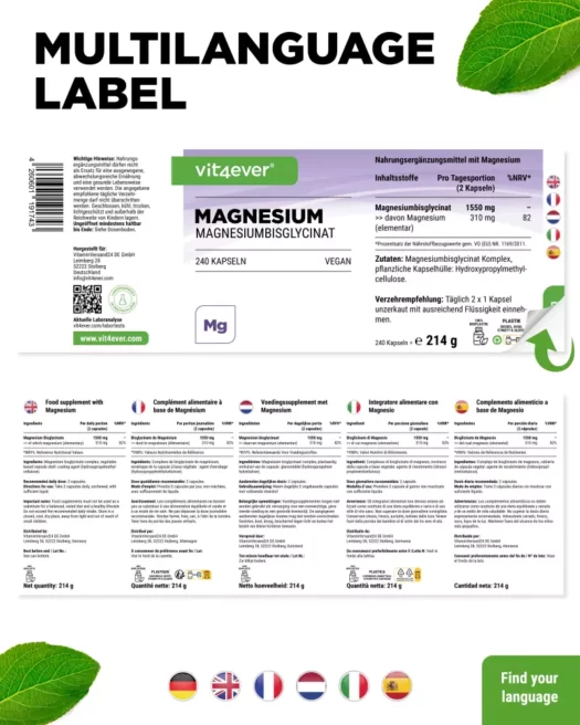 Vit4ever <br>Magnesiumbisglycinat - 240 Kapseln – Bild 3