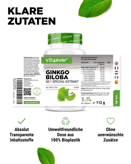 Vit4ever <br>Ginkgo Biloba 50:1 Extrakt - 365 Tabletten – Bild 2