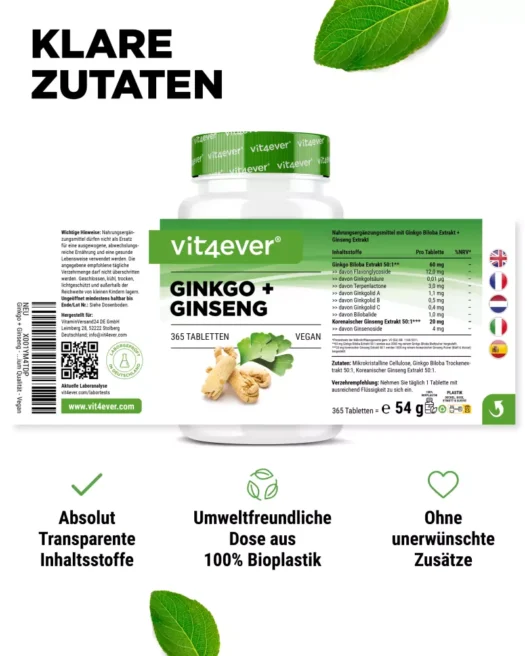 Vit4ever <br>Ginkgo + Ginseng - 365 Tabletten - Image 2