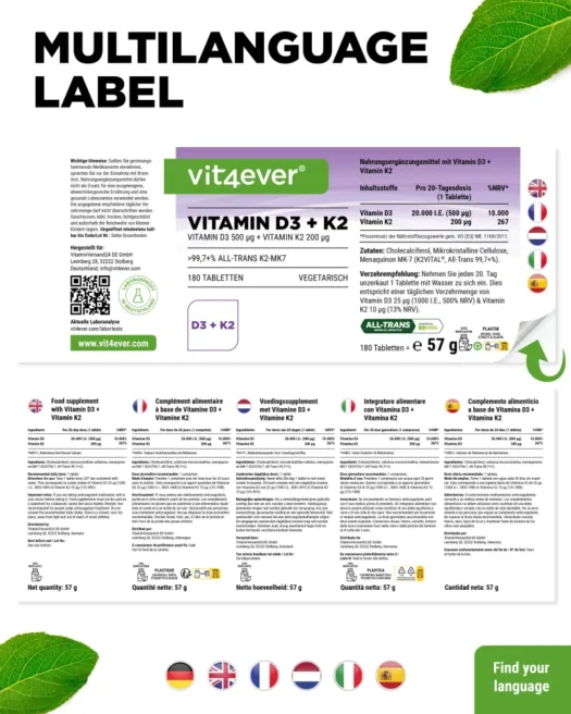 Vit4ever <br>Vitamine D3 20 000 UI + K2 - 180 comprimés [Digital] – Image 3