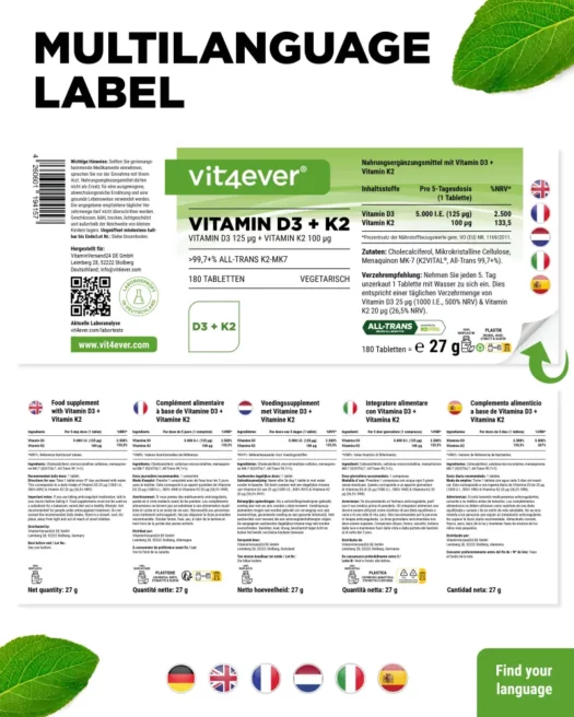 Vit4ever <br>Vitamine D3 5000 IE + K2 - 180 tabletten - Afbeelding 3