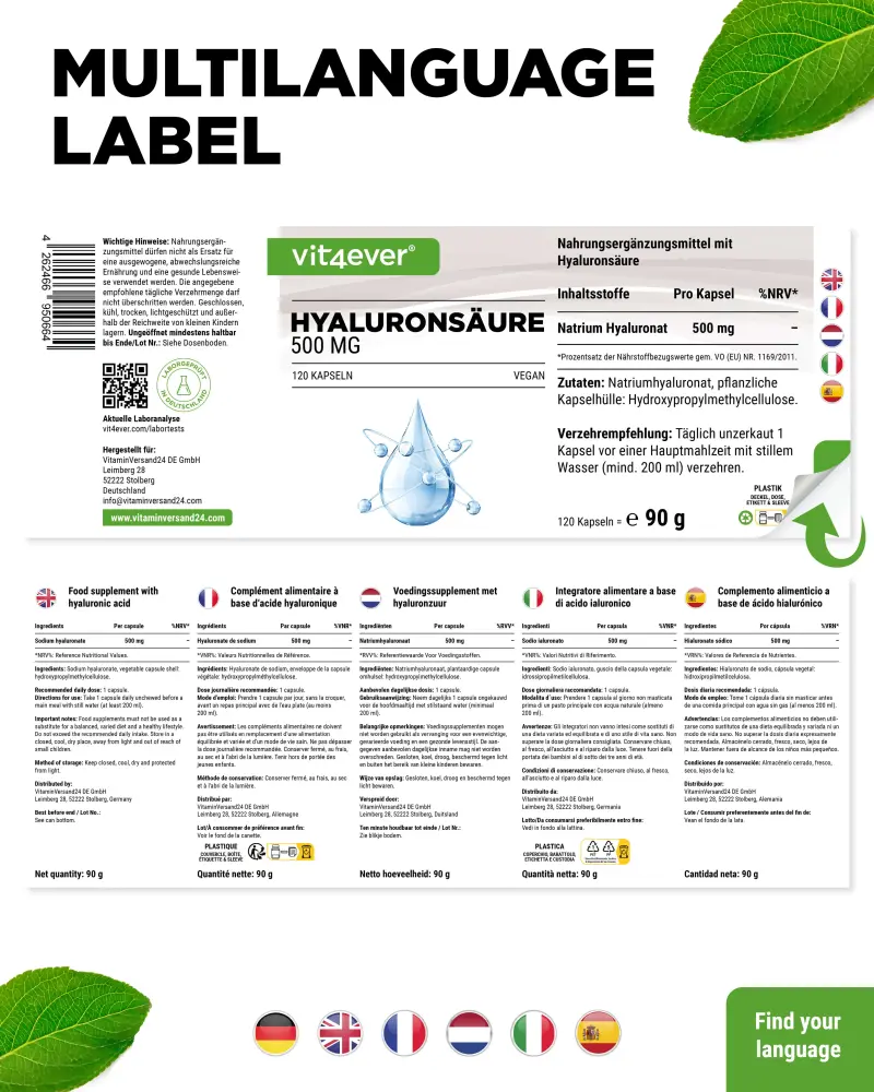 Vit4ever Ácido hialurónico – 120 cápsulas – etiqueta internacional
