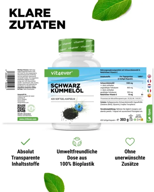 Vit4ever <br>Schwarzkümmelöl - 420 Kapseln - Afbeelding 2