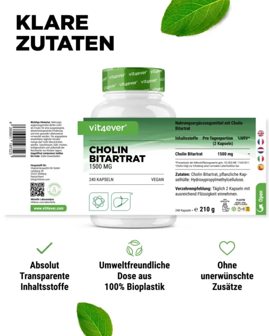 Vit4ever <br>Cholin Bitartrat - 240 Kapseln - Afbeelding 2