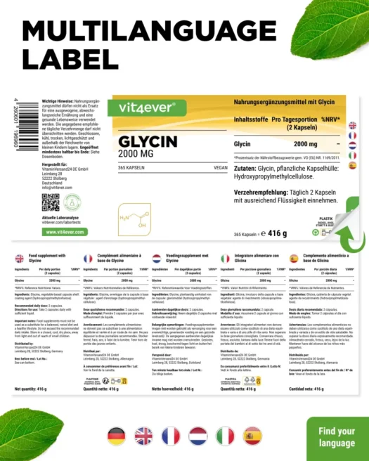 Vit4ever <br>Glycin - 365 Kapseln - Afbeelding 3