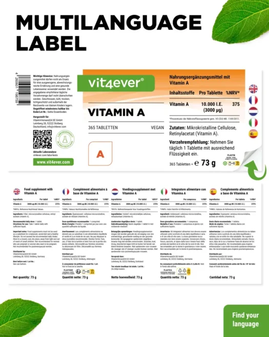 Vit4ever <br>Vitamin A 10000 I.E. - 365 Tabletten – Image 3