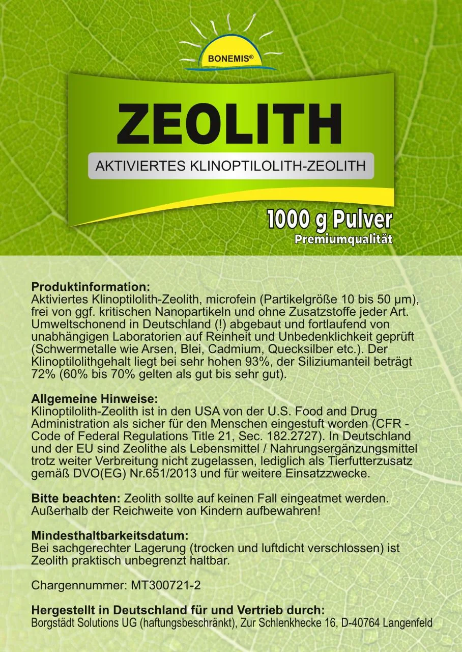 Bonemis Premium Zeolith Pulver – 1000 g – Rückseite Etikett