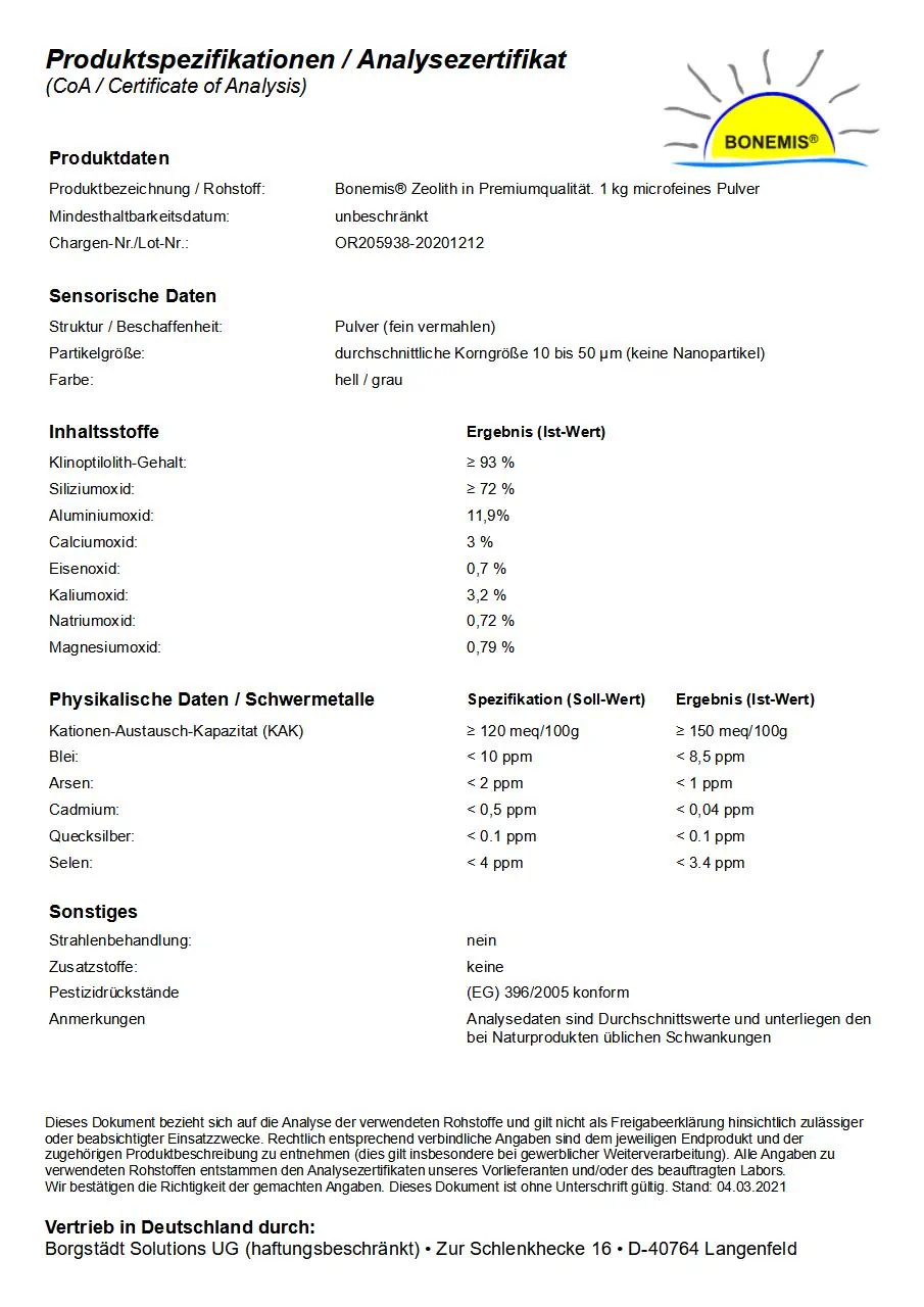 Bonemis Premium Zeolith Pulver – 1000 g – Internationales Etikett