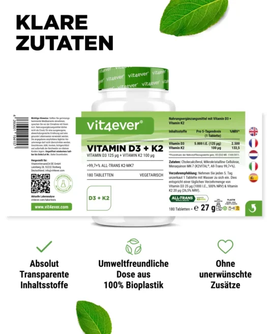 Vit4ever <br>Vitamina D3 5000 UI + K2 - 180 comprimidos - Imagen 2
