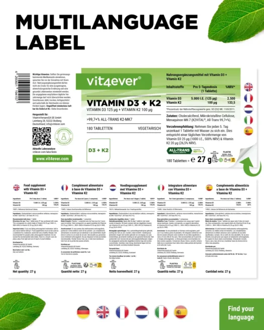 Vit4ever <br>Vitamina D3 5000 UI + K2 - 180 comprimidos - Imagen 3