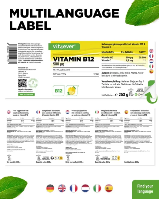 Vit4ever <br>Vitamine B12 - 365 comprimés à sucer - différentes variétés (Kopie) – Image 3