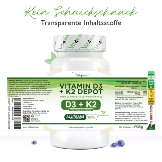 Vit4ever <br>Vitamin D3 5000 I.E. + K2 - 240 Tabletten – Bild 2