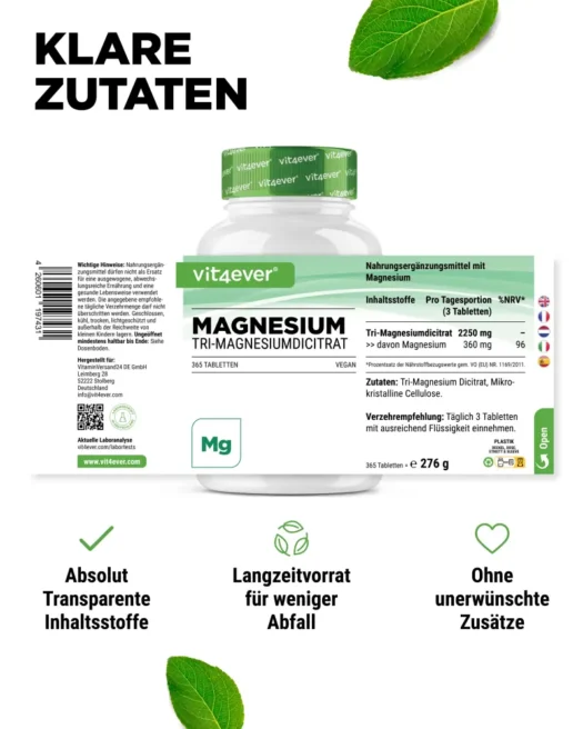 Vit4ever Tri-Magnesiumdicitrat - 365 Tabletten – Bild 2