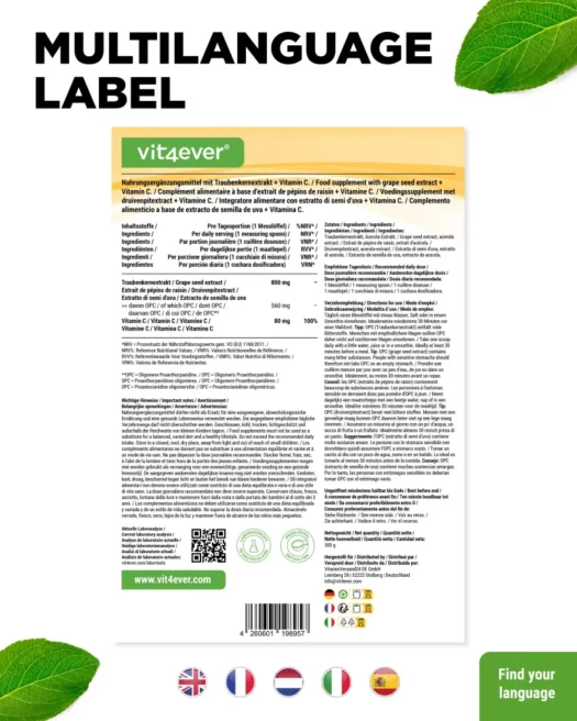 Vit4ever <br>OPC Estratto di semi d'uva + Vitamina C - 300 g - immagine 3