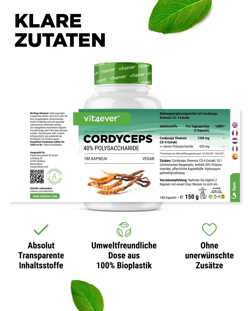 Vit4ever Cordyceps Intenso Extract – 180 capsules – achterkant etiket