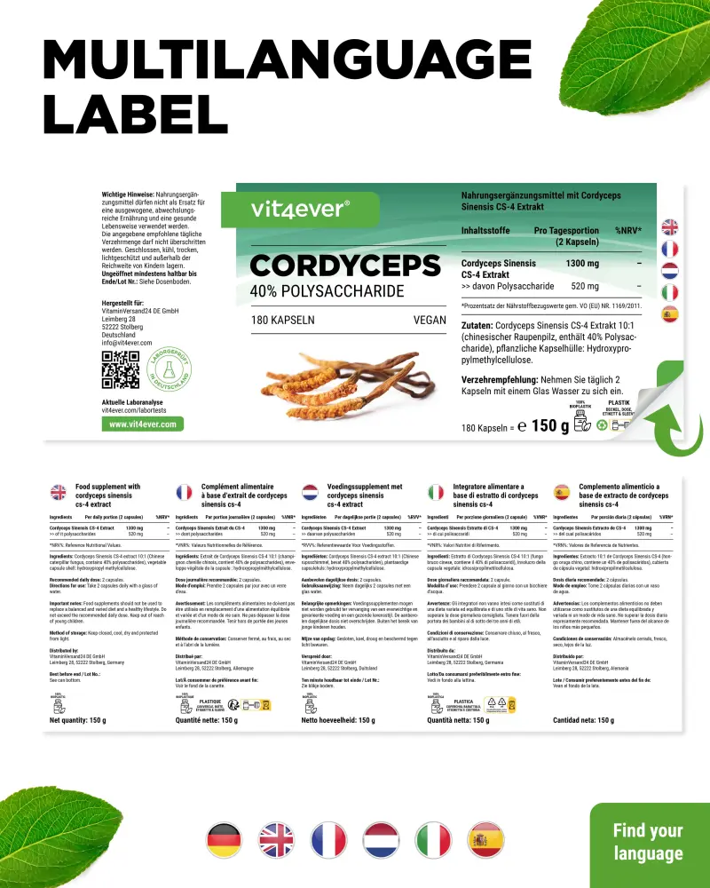 Vit4ever Cordyceps Intenso Extract – 180 capsules – internationaal etiket