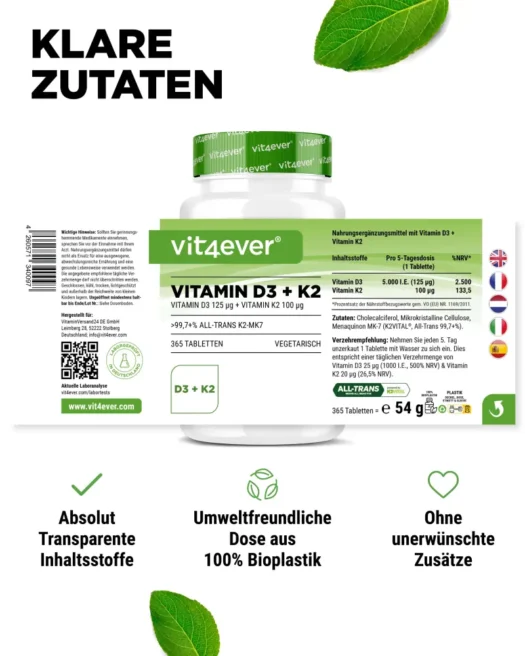 Vit4ever <br>Vitamin D3 5000 I.E. + K2 - 365 Tabletten – Bild 2