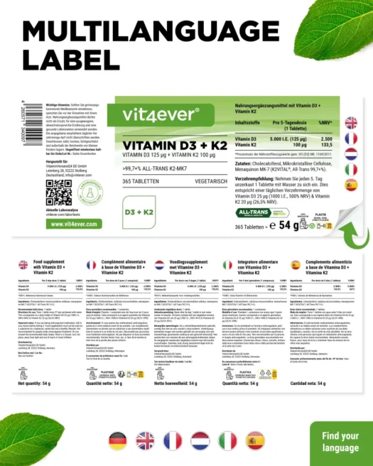 Vit4ever <br>Vitamin D3 5000 I.E. + K2 - 365 Tabletten – Bild 3