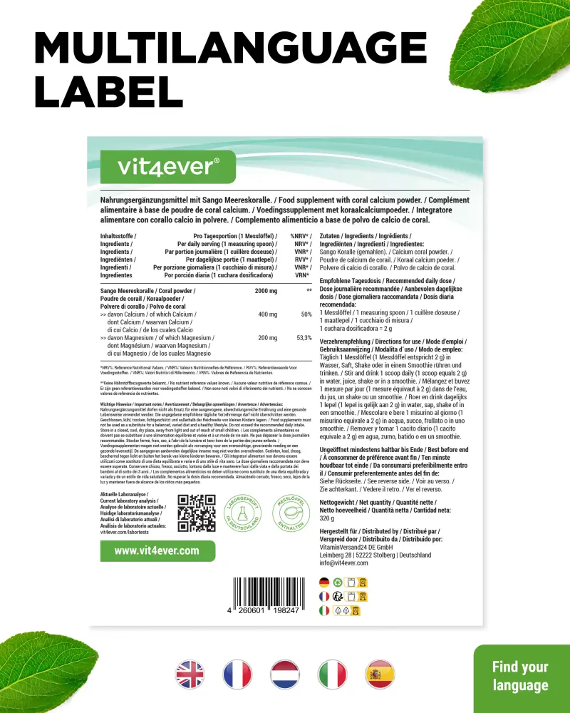 Vit4ever Corail de mer Sango – 320 g – étiquette internationale