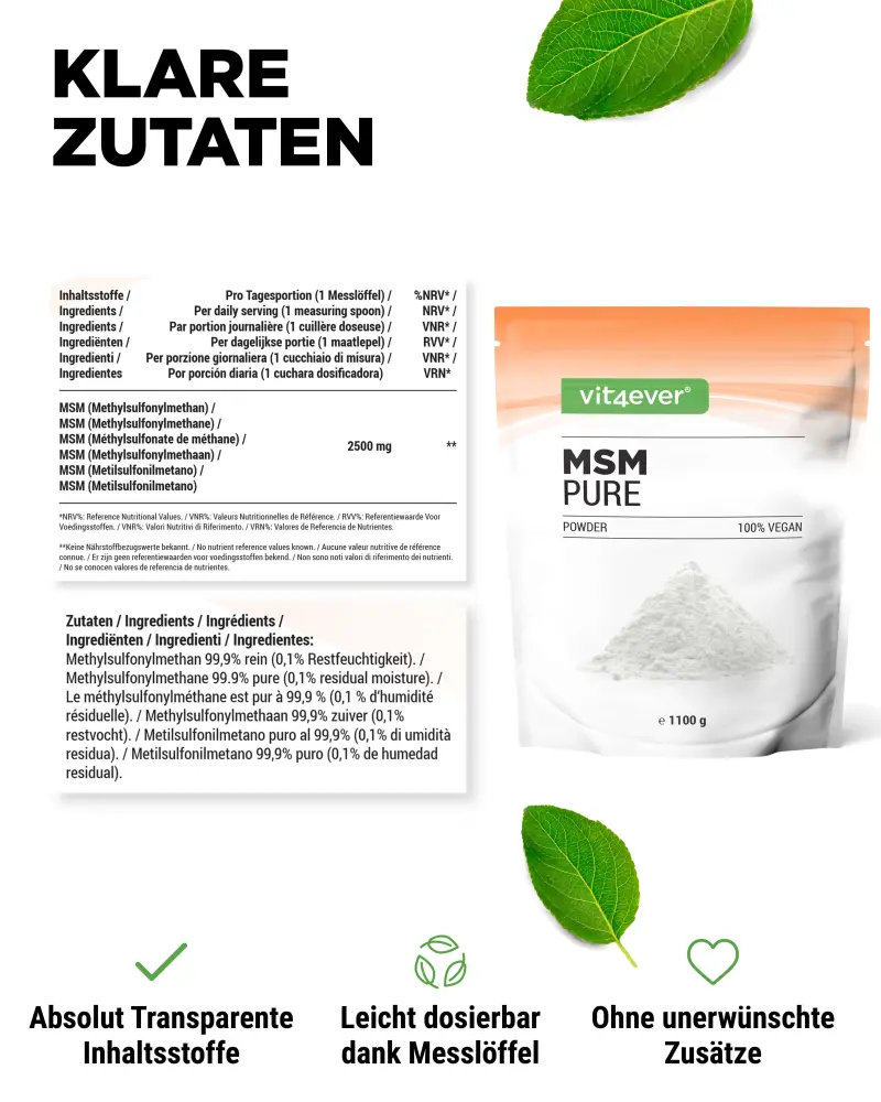 Vit4ever MSM (methylsulfonylmethane) – 1000 g – back label