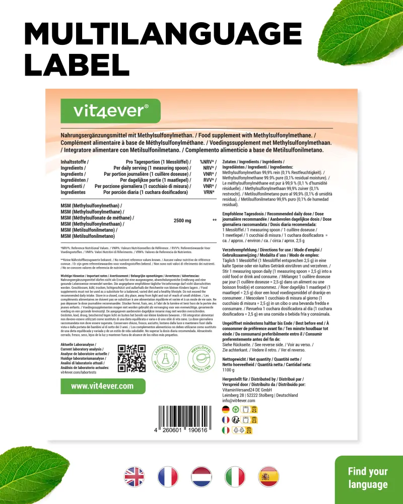 Vit4ever MSM (methylsulfonylmethane) – 1000 g – international label
