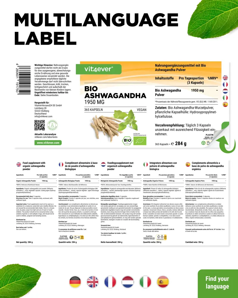 Vit4ever Organic Ashwagandha – 365 capsules – international label