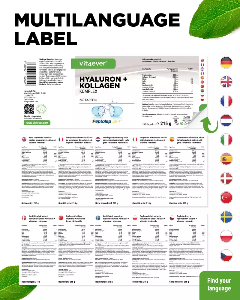 Vit4ever Complexe Hyaluron + Collagène – 240 gélules – étiquette internationale