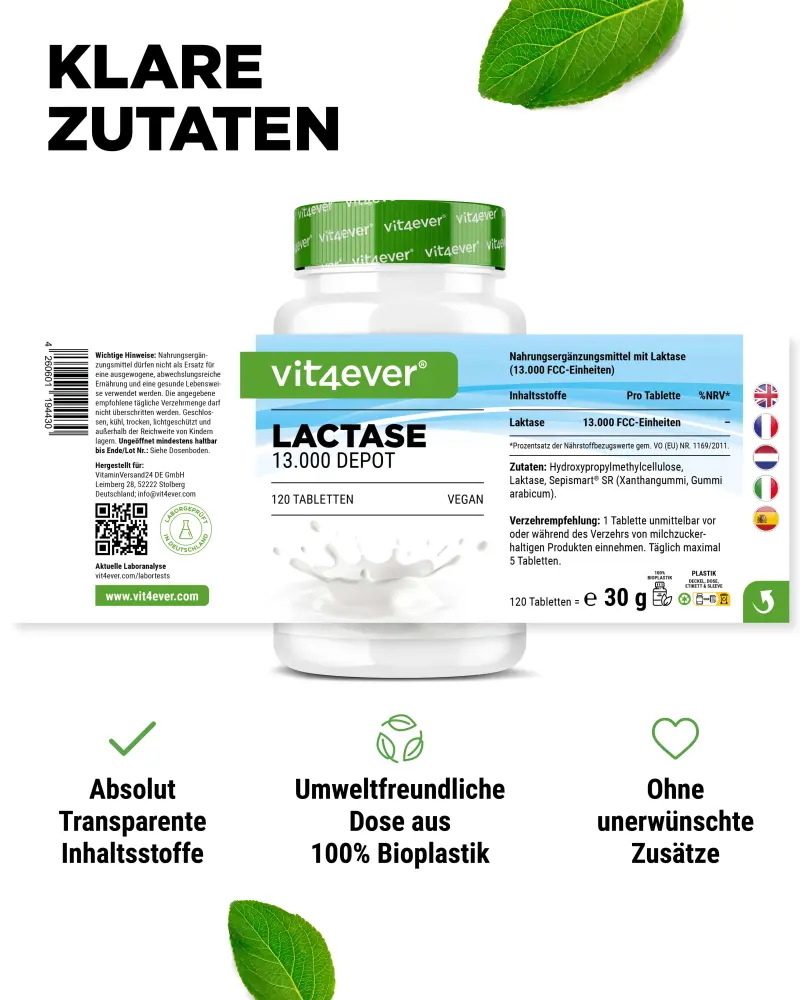 Vit4ever Lactase Depot 13000 – 120 comprimidos – trasera etiqueta