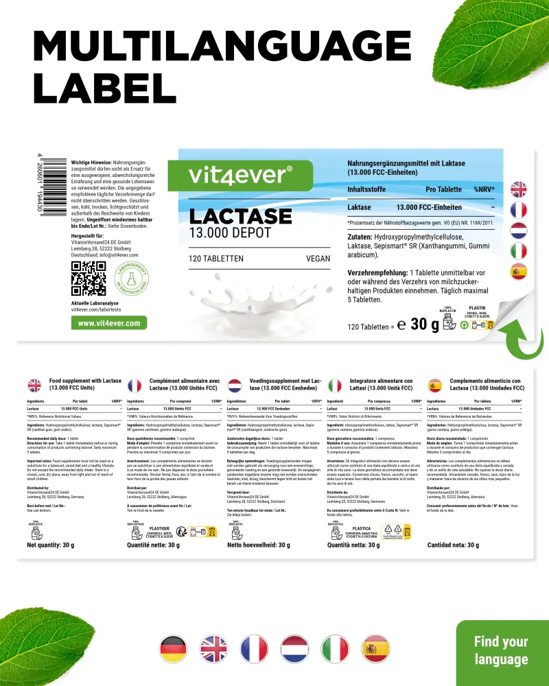 Vit4ever Lactase Depot 13000 – 120 comprimidos – etiqueta internacional