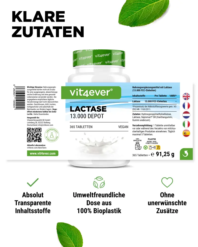 Vit4ever Lactase Depot 13000 – 365 tabletten – achterkant etiket