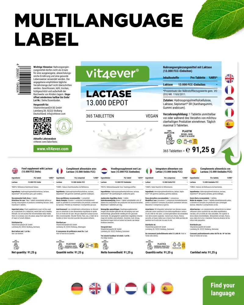 Vit4ever Lactase Depot 13000 – 365 tabletten – internationaal etiket