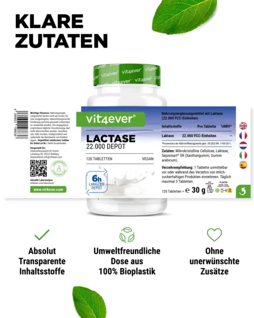 Vit4ever <br>Lactase Depot 22000 - 120 Tabletten – Bild 2